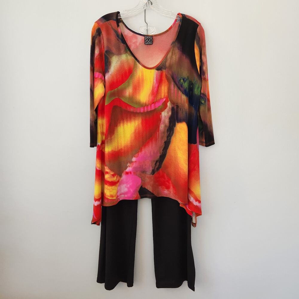 Clara Sun Woo Pants Set Womens L Red Abstact Tunic Top Black Straight Leg Outfit